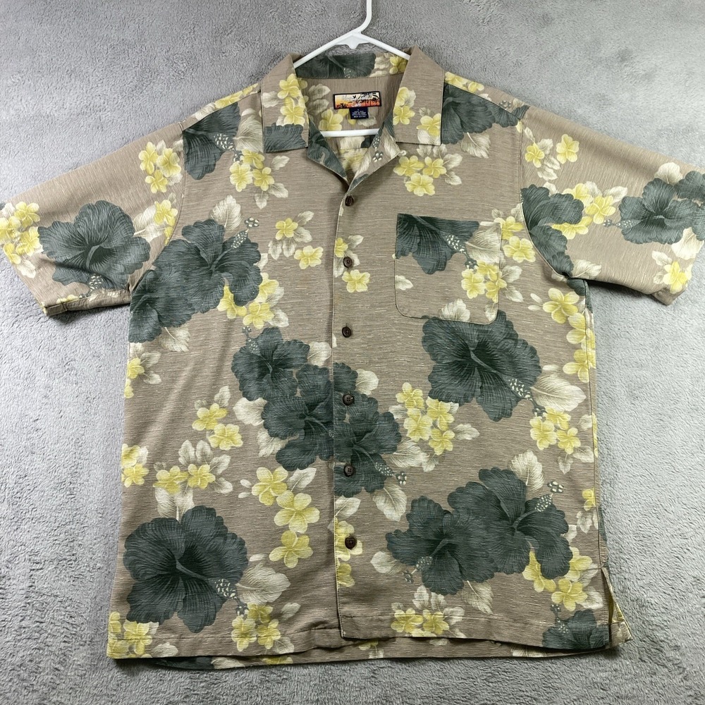 Havana Jacks Cafe Hawaiian Shirt Men Large Brown Floral Silk Casual Tropical